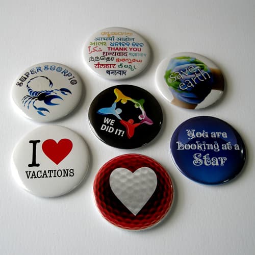 Assorted button pins featuring seven distinct designs