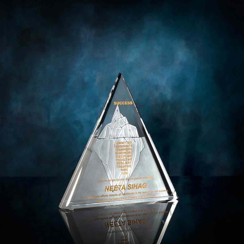 Triangle shaped Crystal Award with a mountain design