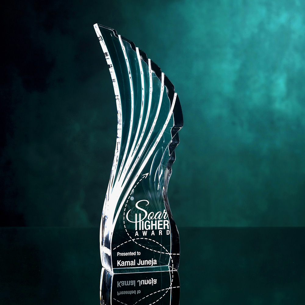 An Acrylic Award with Text Soar Higher Award against a green background.