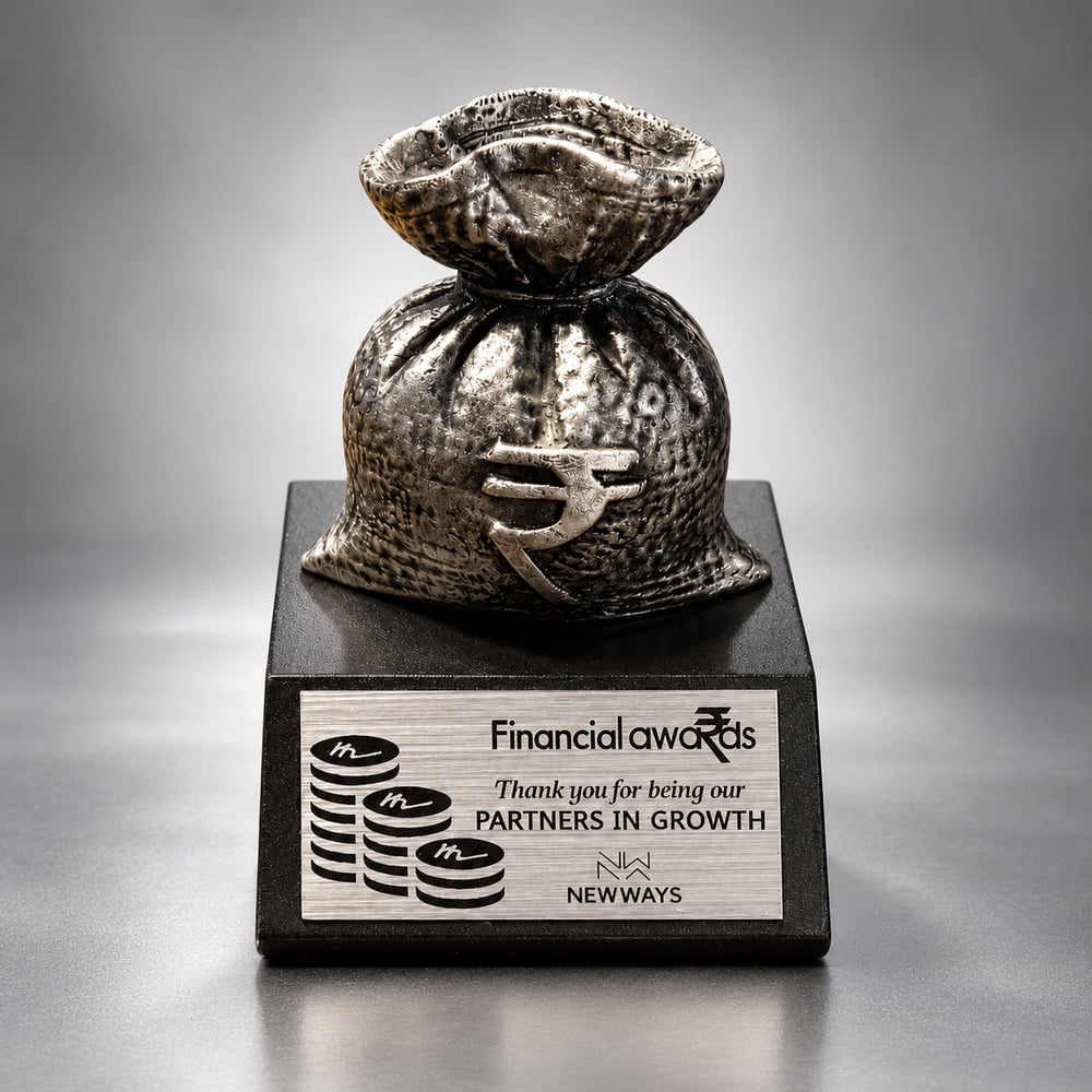 Money bag shaped resin fun award at work with an antique metallic finish, rupee symbol on a black base