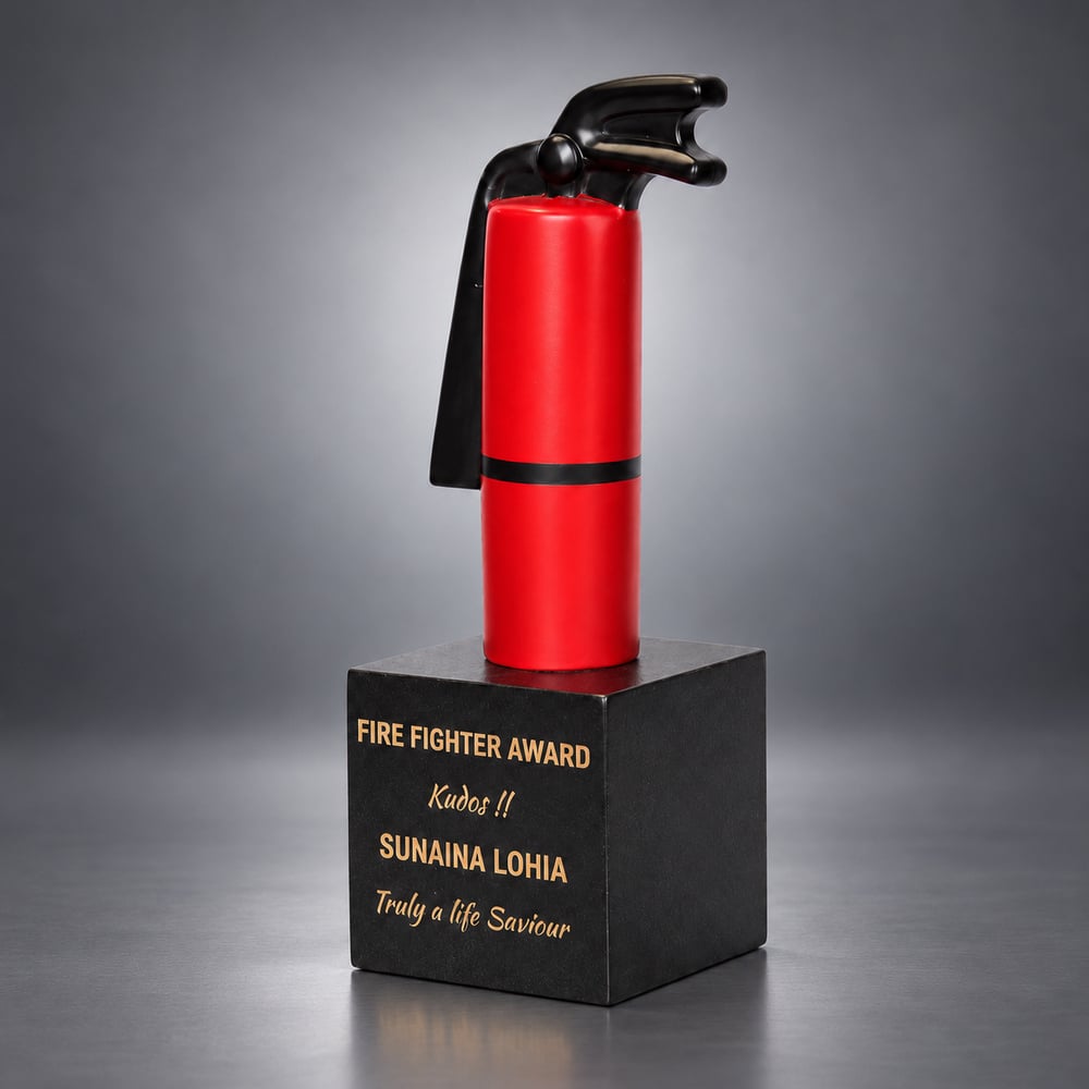 Red fire extinguisher shaped resin fun award at work with black detailing on black base