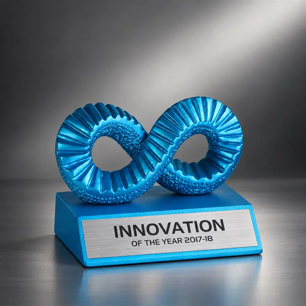 Metallic Blue infinity shaped resin award with a textured finish and personalised matching base