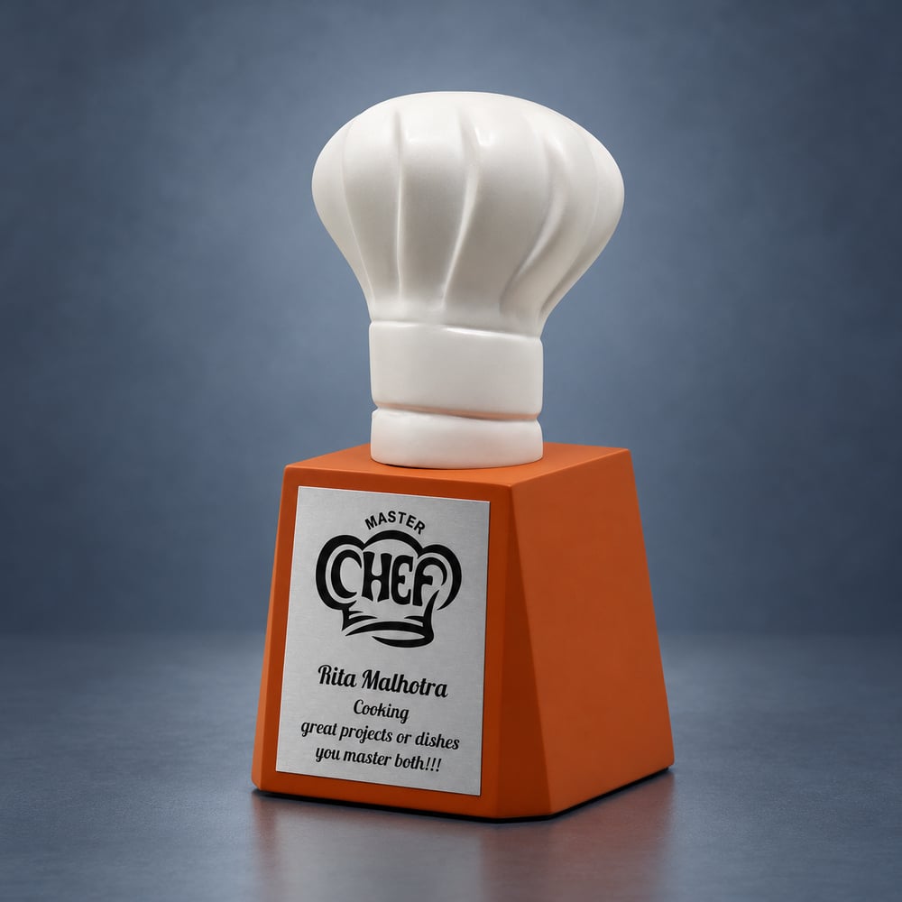 Master Chef fun Award hat shaped on a prosperous orange base