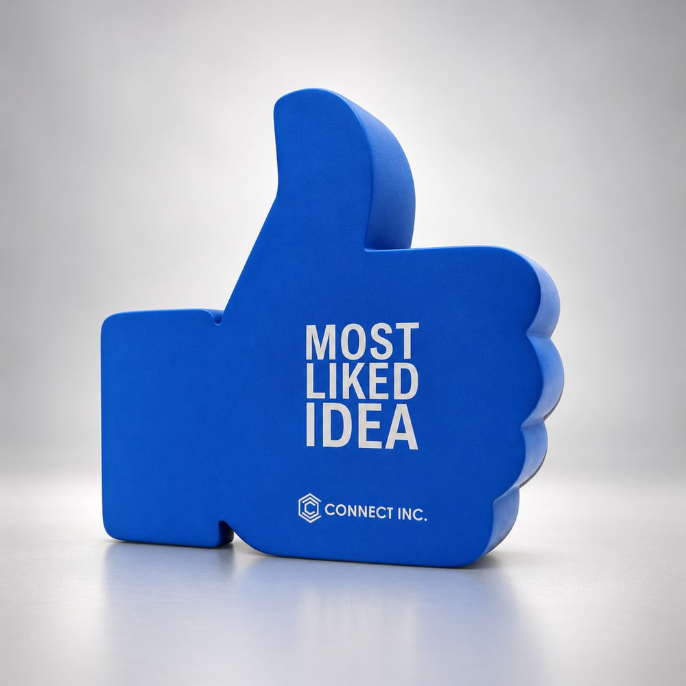 Pacific Blue Thumbs up shaped resin award with white "Most Liked Idea"