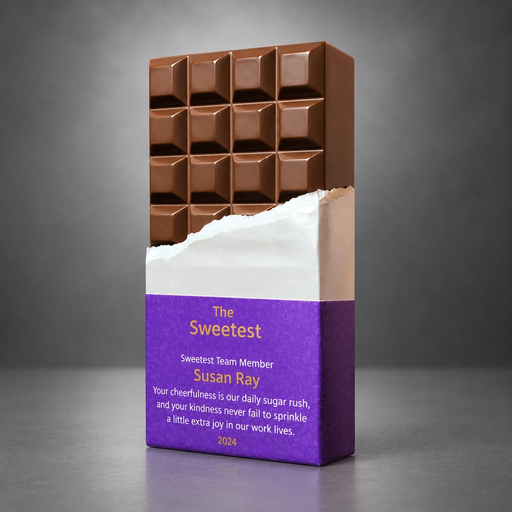 Sweetest team member fun award with a brown segmented top, silver wrapper effect and purple panel