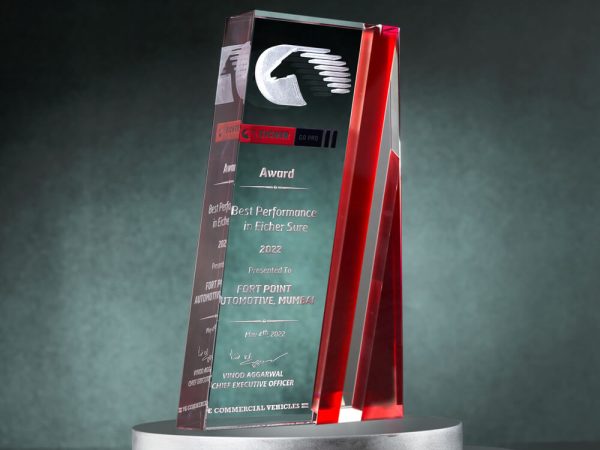 A crystal award on a stand