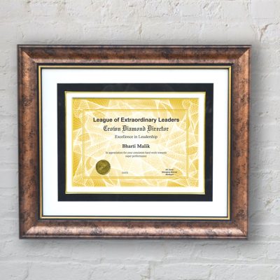 Framed certificate displayed on wall