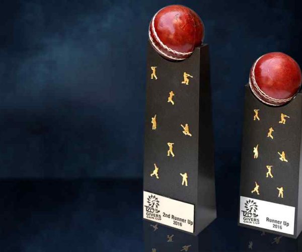 Two Cricket Trophies with a red cricket ball on top,