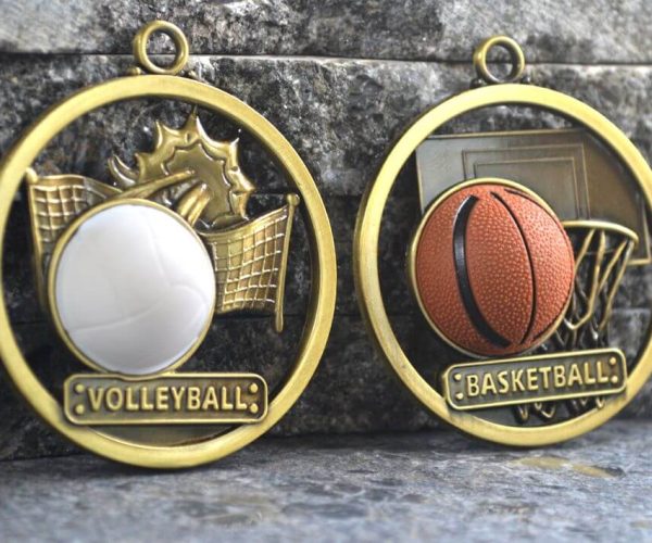 Two medals featuring basketball and volleyball symbols, representing sports achievements.