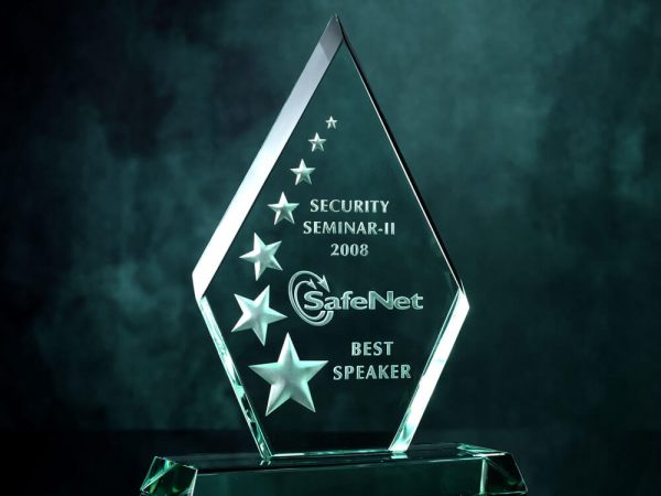 Green Glass award with a shining star designs and Best Speaker engraved