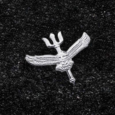 A bird-shaped silver lapel pin,