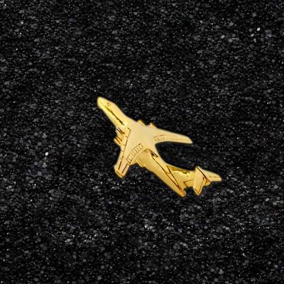 An elegant gold airplane lapel pin against a black backdrop